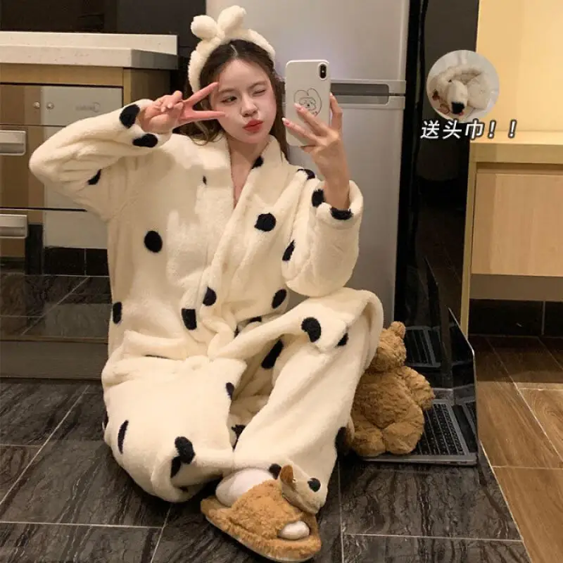 

Женский халат с v-образным вырезом, пушистая плюшевая одежда для сна, зимняя теплая утолщенная домашняя одежда с длинными рукавами, домашняя одежда, ночная рубашка, комплект пижамного платья