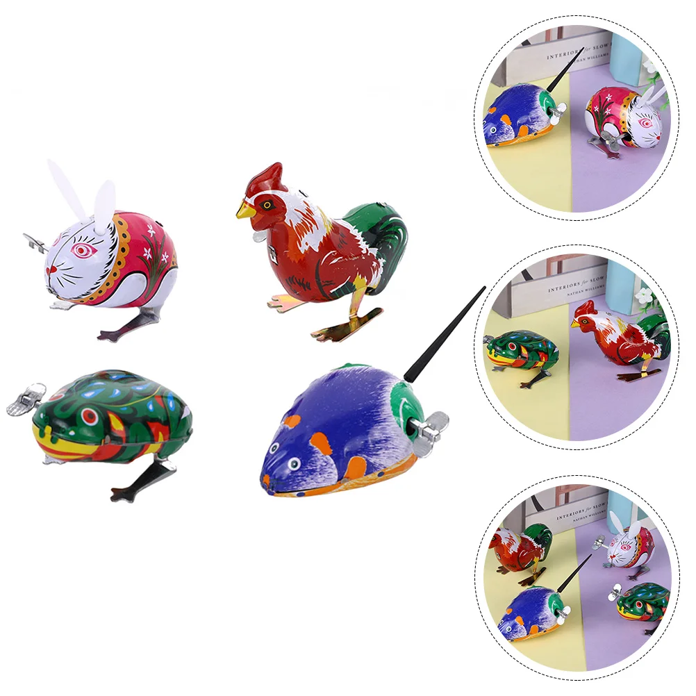 

4 Pcs Tin Clockwork Wind-up Animal Childrens Playthings Small Animals for