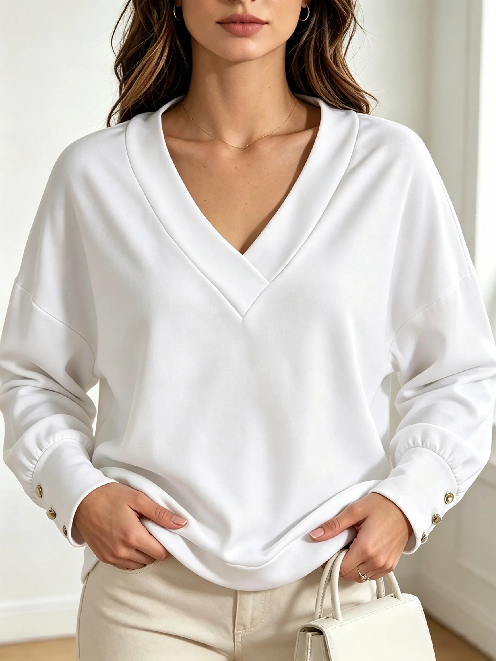 Women`s V‑Neck Knit Long Sleeve Top T-shirt Daily Wear S‑XXL Size Autumn Button Cuff Drop Shoulder Casual Pullover Sweatshirt view 2