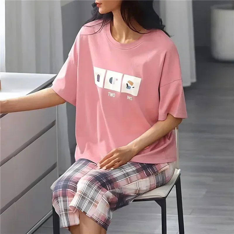 Fashion Cartoon Sets Capris Pajama Polyester Sleepwear Summer Pyjamas Sleep Plaid Lounge Short-sleeved Women Home