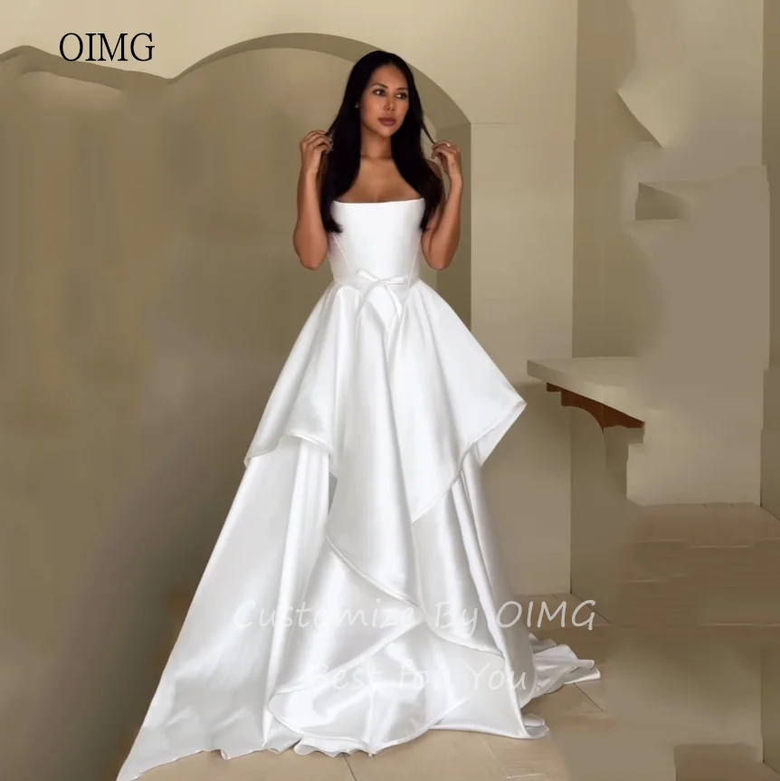 OIMG Classic Strapless Ivory Wedding Dress Bow Decoration Bride Dresses A-line Floor Length Wedding Gowns Customized