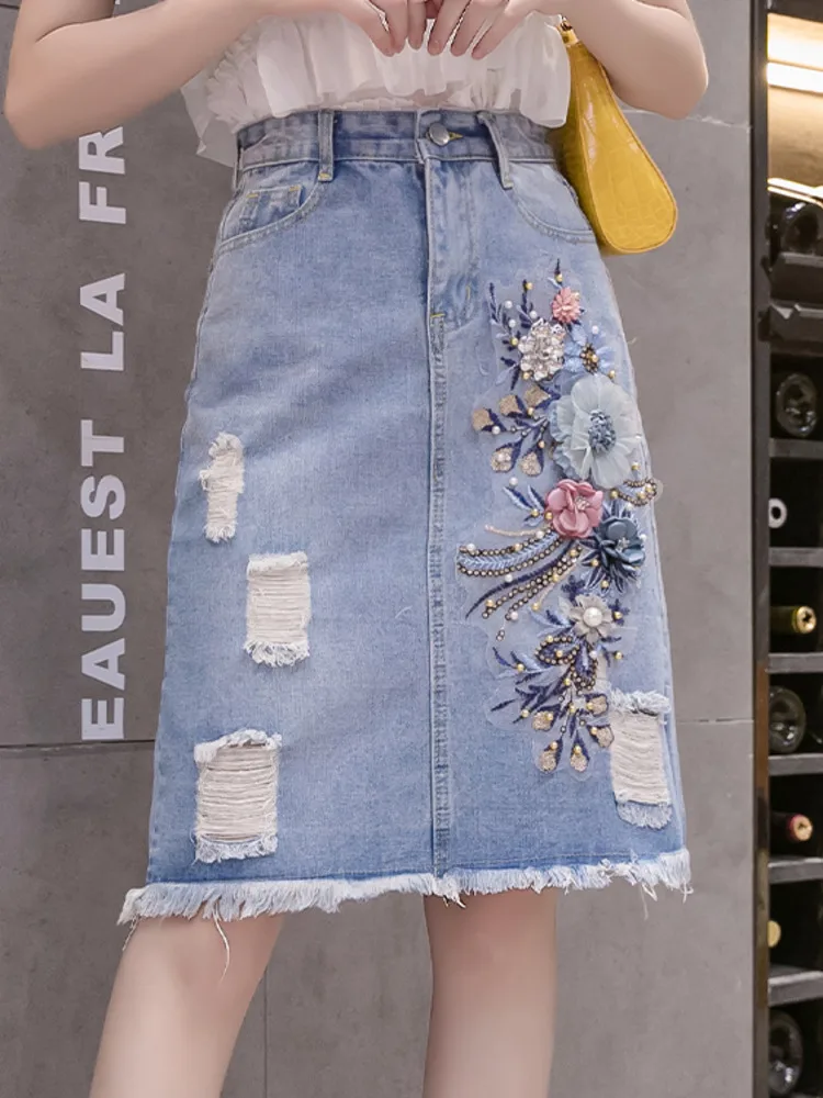 Fashion Denim Skirt Women\'s 2024 Summer High Waist Skirts Embroidry Flower Jeans Skirt Female A-line Pencil Skirts