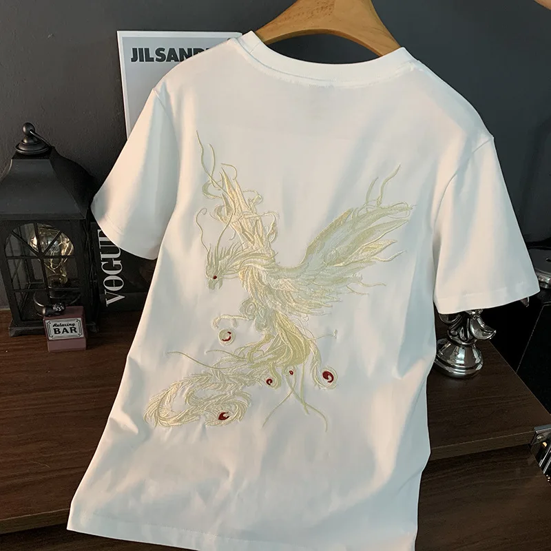 

Phoenix embroidered short sleeve t-shirt for men in summer, slim fit, elastic, Chinese style printed trendy casual top