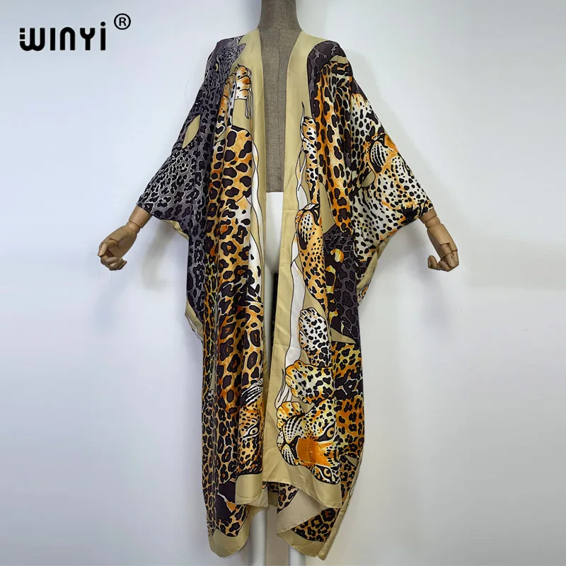 WINYI 2022 Africa leopard print Beach Wear Swim Suit Elegant Africa Women Boho Cardigan Sexy Holiday Long Sleeve Kimono Dress