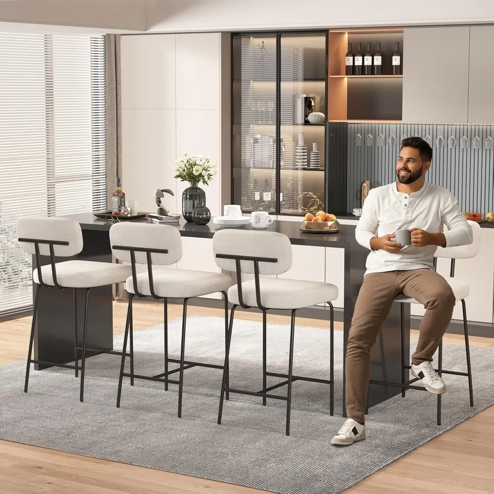 Conjunto de bancos de bar com altura de balcão de 3, bancos de cozinha de tecido branco de 26" com costas, pernas de metal, apoio para os pés e assento largo