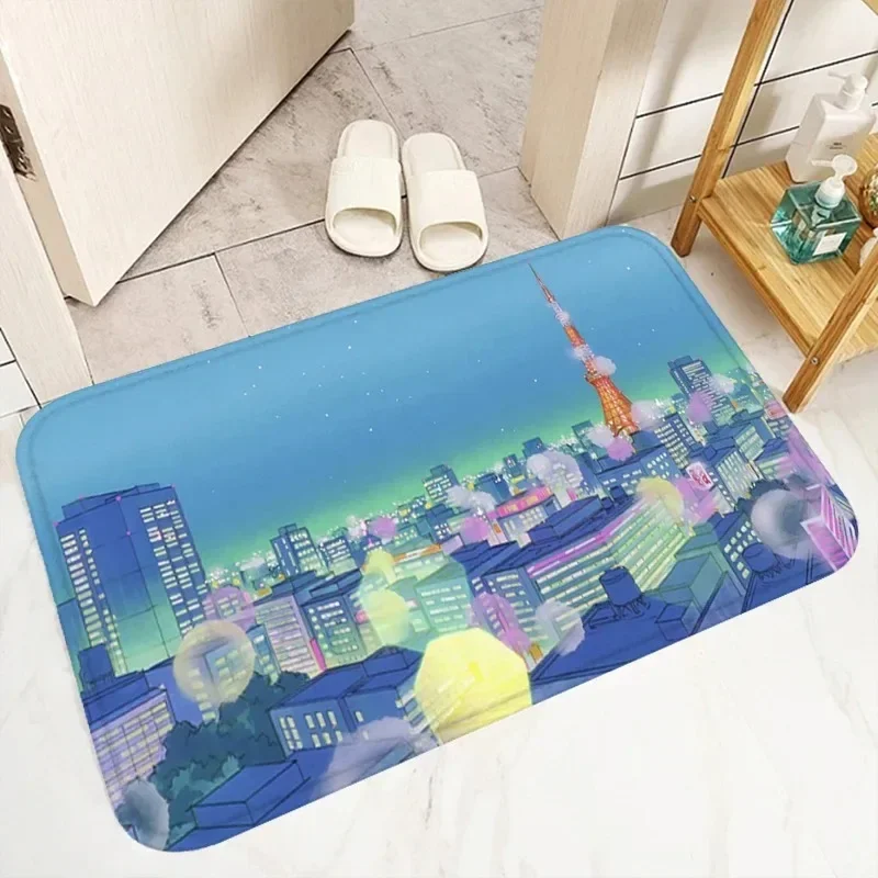 Cartoon Style Night Light Citybathroom Non-silp Doormat Suitable for Living Room Entrance Decorative Accessories Pad Bedroom Rug