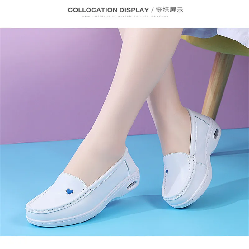 2023 New Women Flat Leather Shoes Casual White Wedge with Soft Bottom Slip on Love Heart Comfortable Mom Nurse Work Shoes