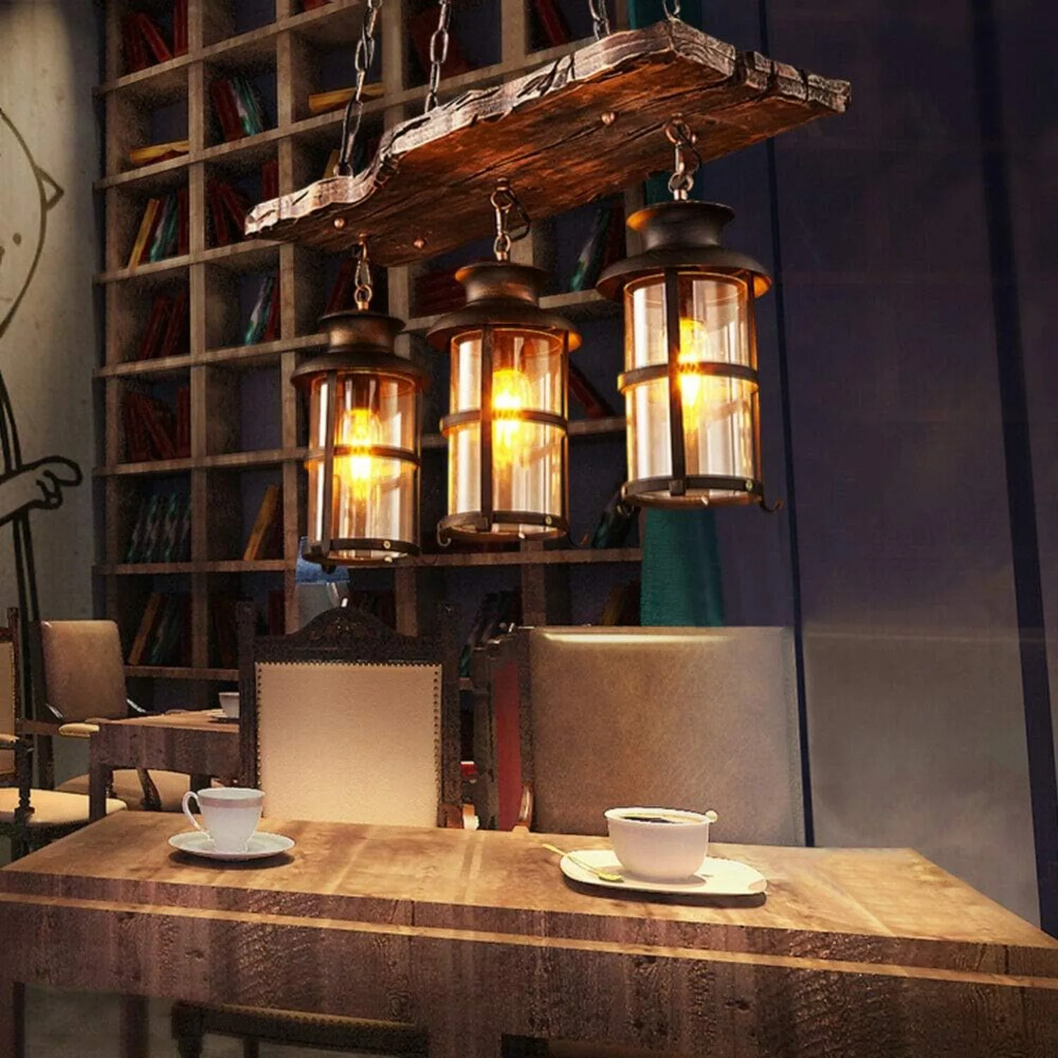 3 Light Industrial Wooden Hanging Lighting with Glass Shade Black Metal Chandelier Farmhouse Vintage Pendant Lamp E27/E26 for for Living Room Dining Room Kitchen Island Bar (Bulbs Not Included)