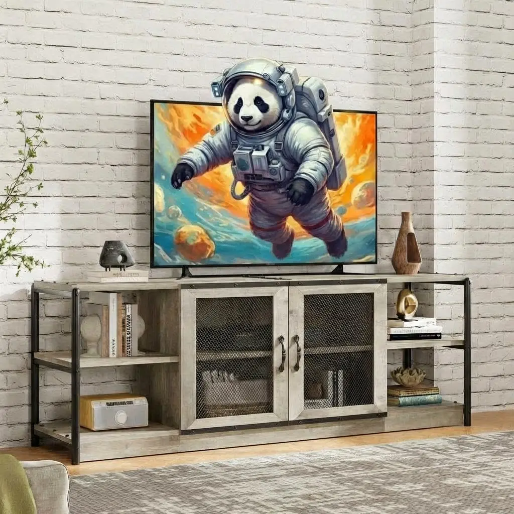 TV Stand For 75/80 Inch TVs, Industrial Entertainment Center With Double Mesh Doors And Storage Cabinet For Living Room