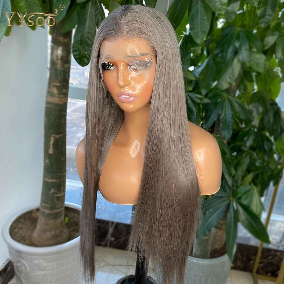 

YYsoo Long 13x4 Silky Straight Grey Color Futura Glueless Synthetic Hair Lace Front Wigs For Black Women Pre Plucked Hairline