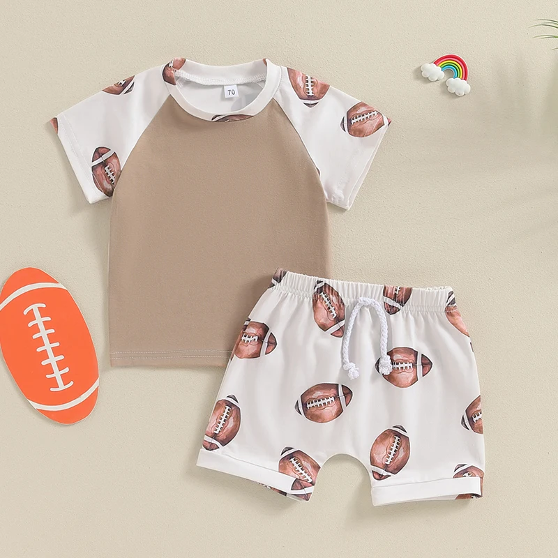 2024-04-12 Lioraitiin Summer Baby Boys Outfits Rugby Print Short Sleeves T-Shirt and Elastic Shorts Set Vacation Clothes Set