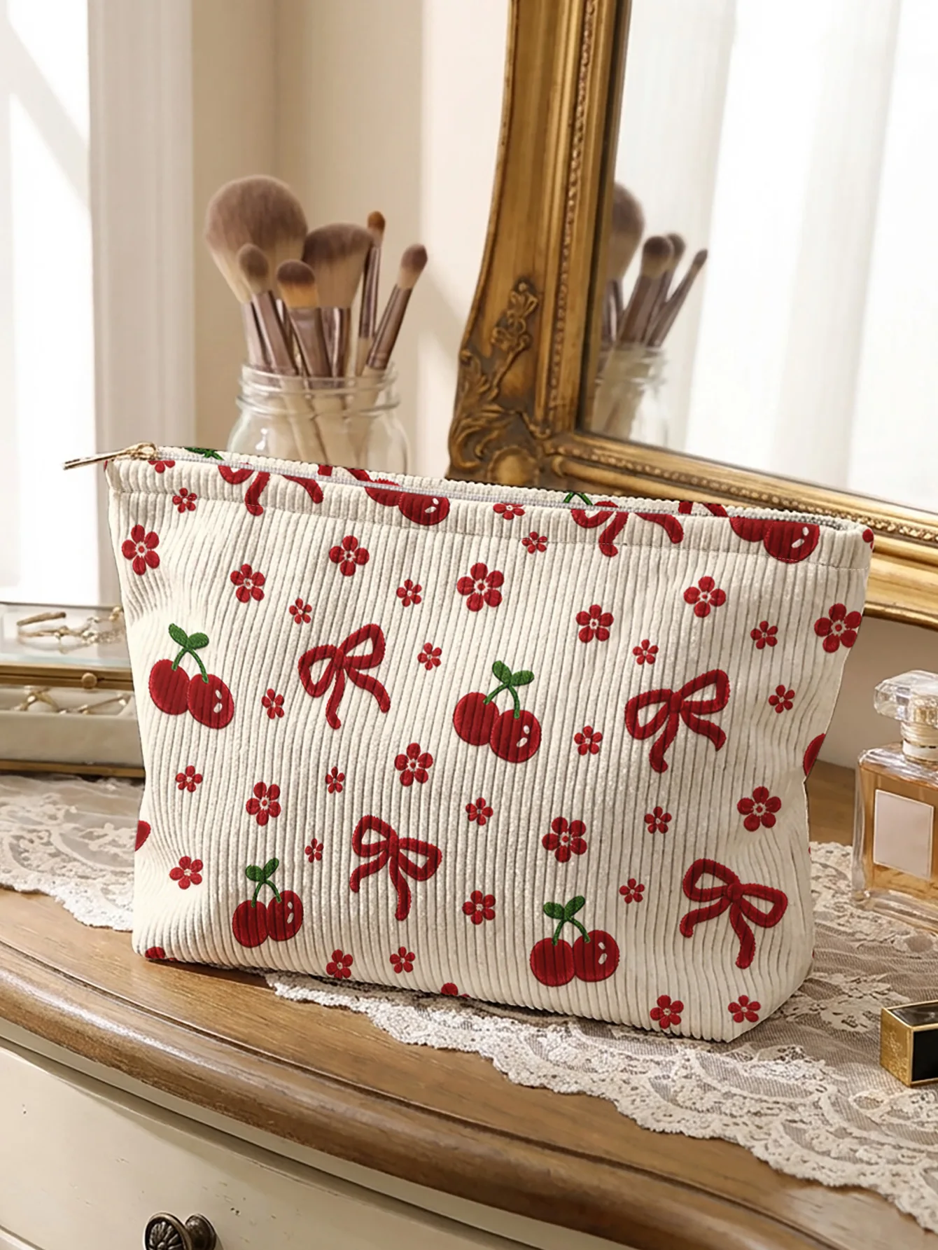 Cherry, bow & flower patterned corduroy makeup bag, lightweight zipper pouch, multifunctional lined bag for cosmetics