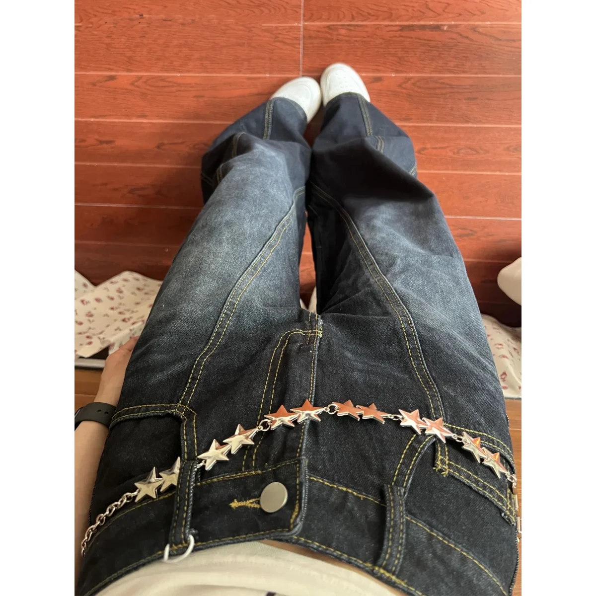 Jean faux à jambes larges brodé rétro américain pour femme, coupe ample, taille haute, pantalon Long, tendance, pour les déplacements