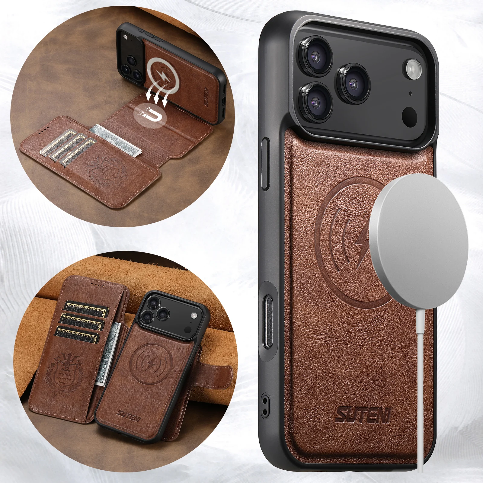 SUTENI Kunstleder Kabelloses Ladegerät Kartenhalter Ständer Brieftasche Magnetische Klapphülle Handyhülle für iPhone 18 Pro Max 17 16 15 14 – Detail 12