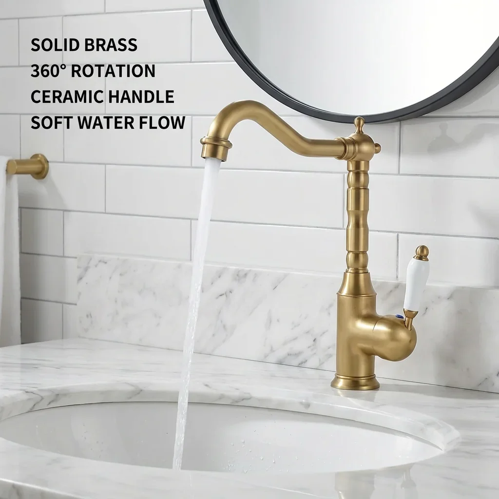 

European style single handle faucet with brass body, white porcelain handle, hot and cold dual control basin/kitchen sink univer