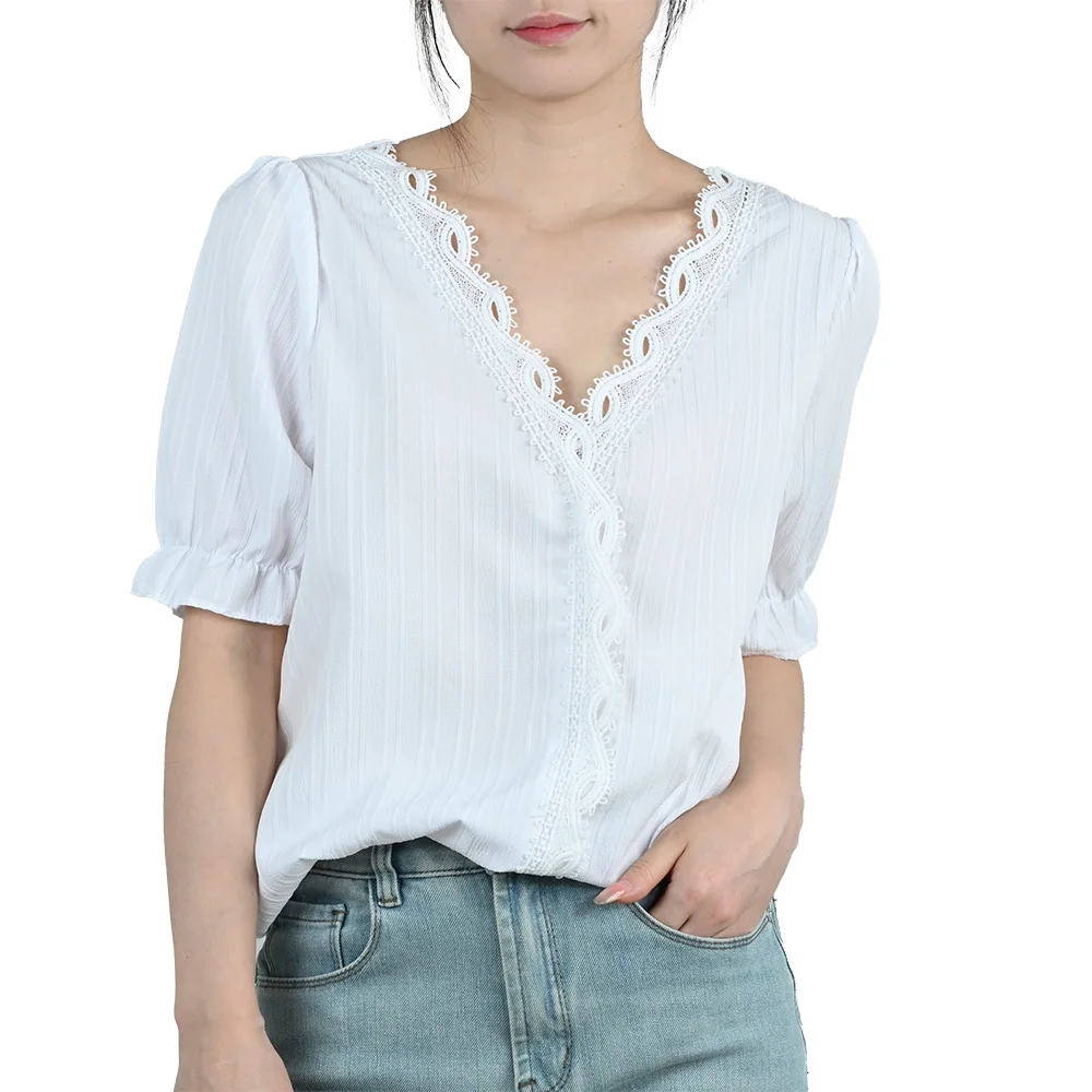 

White Gray Women's Chiffon Blouse Half Sleeve Summer Tops Sexy V Neck Casual Shirts For Woman Plus Size Streetwear Apparel S-3XL