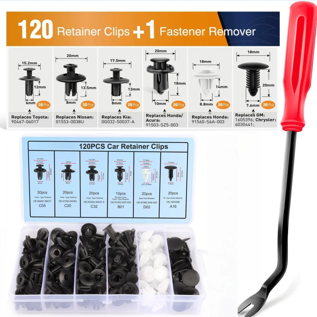 

120PCS Car Retainer 6.3mm 8mm 9mm 10mm Expansion Screws Replacement Kit Bumper Push Rivet Clips with Fastener Remover
