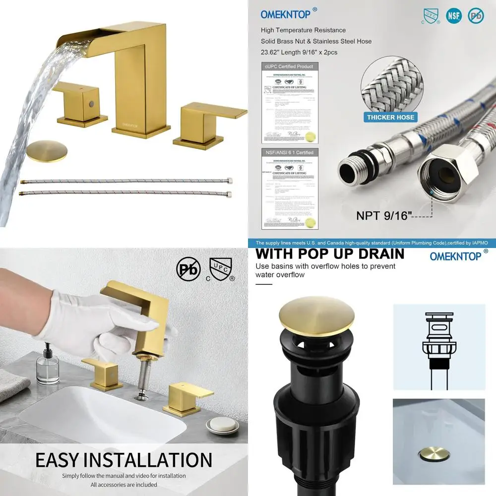 

8 3-Hole Brushed Gold Sink Faucet with Pop-Up Drain & Hose, Waterfall Design for Farmhouse Vanity
