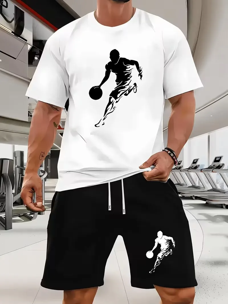 

Summer men's casual two-piece set round-neck short-sleeved T-shirt and sports shorts for outdoor activities, O-neck T-shirt