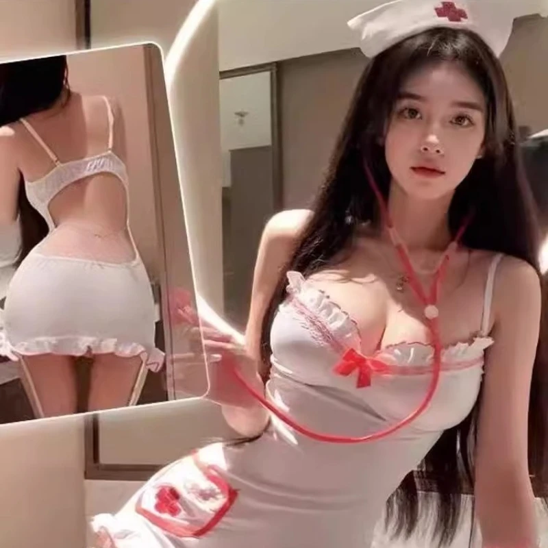 زي ممرضة تنكري فستان إغراء منظور عميق الخامس الرقبة الكشكشة عارية الذراعين الكبار الجنس فستان النوم لعب الأدوار أزياء الطبيب