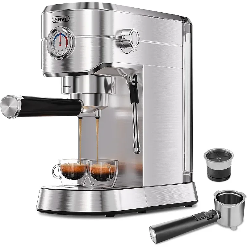 

Gevi Espresso Machine with Portafilter for Capsules and Ground Coffee, with Milk Frother for Cappuccino, Latte