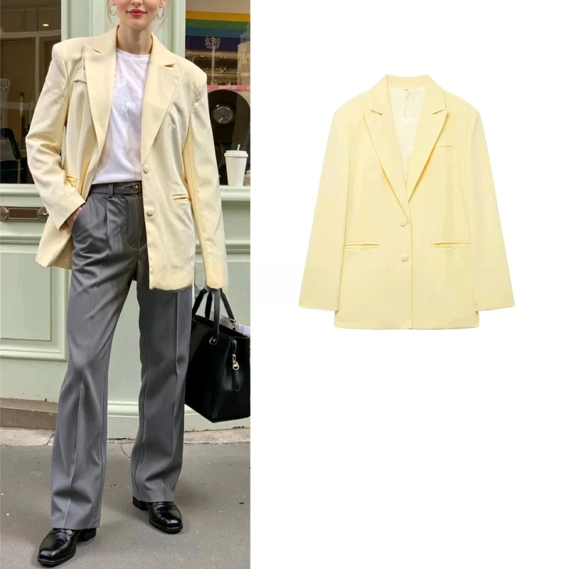 

Новый зимний женский пригородный костюм свободного кроя с двумя пуговицами, длинный све, однотонный костюм с деталями Jaet Faionable Casual Po...