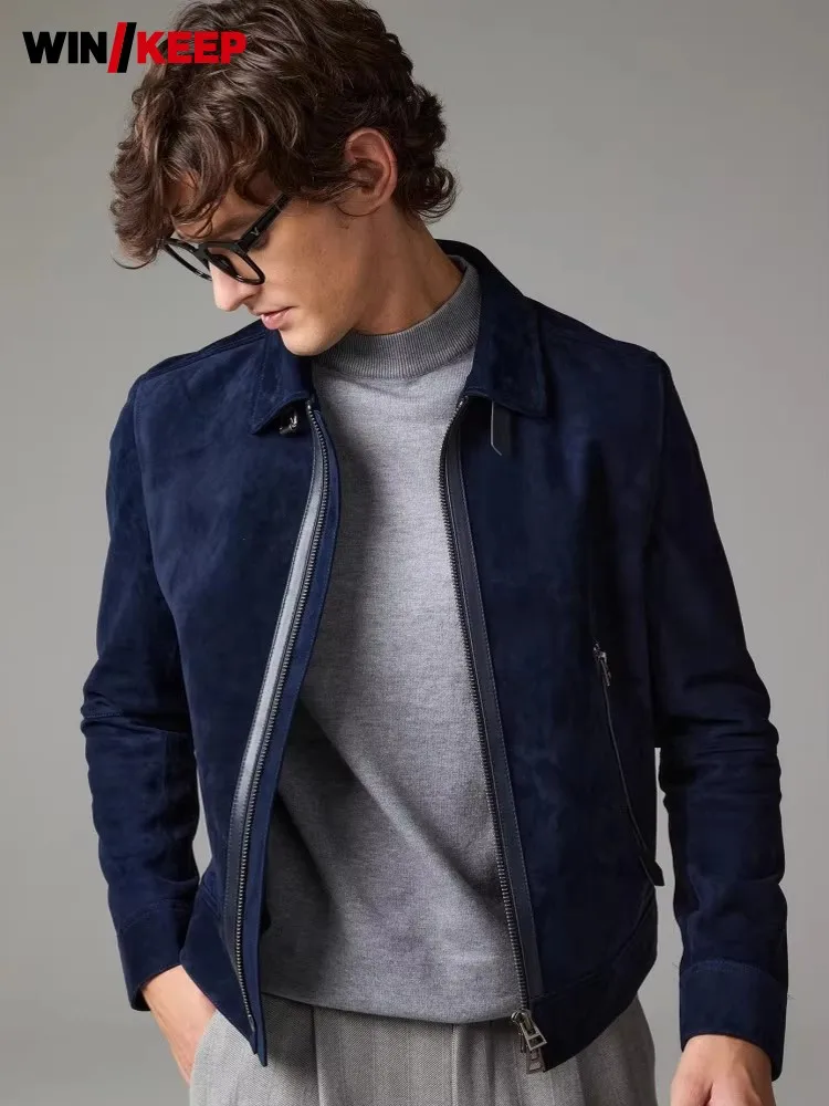 

Мужские куртки из натуральной замши, облегающие короткие пальто с отложным воротником на молнии, байкерские осенние модные роскошные молодежные стильные куртки