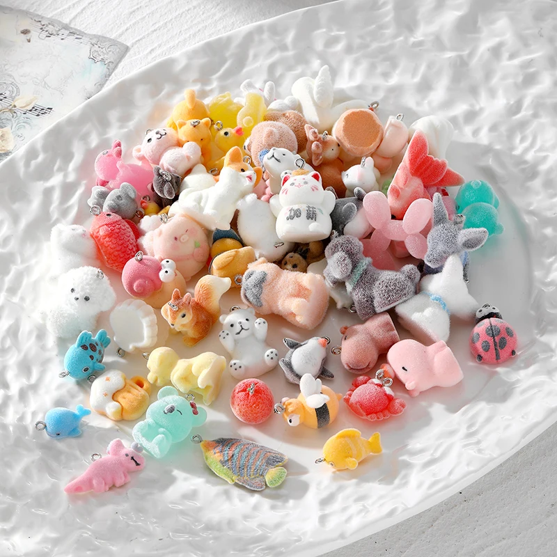 30pcs/Pack Random Mix Flocking Animal Charms Bulk Fluffy Capybara Cat Frog Rabbit Bear Fish Pendant For Earring Diy Jewelry Make