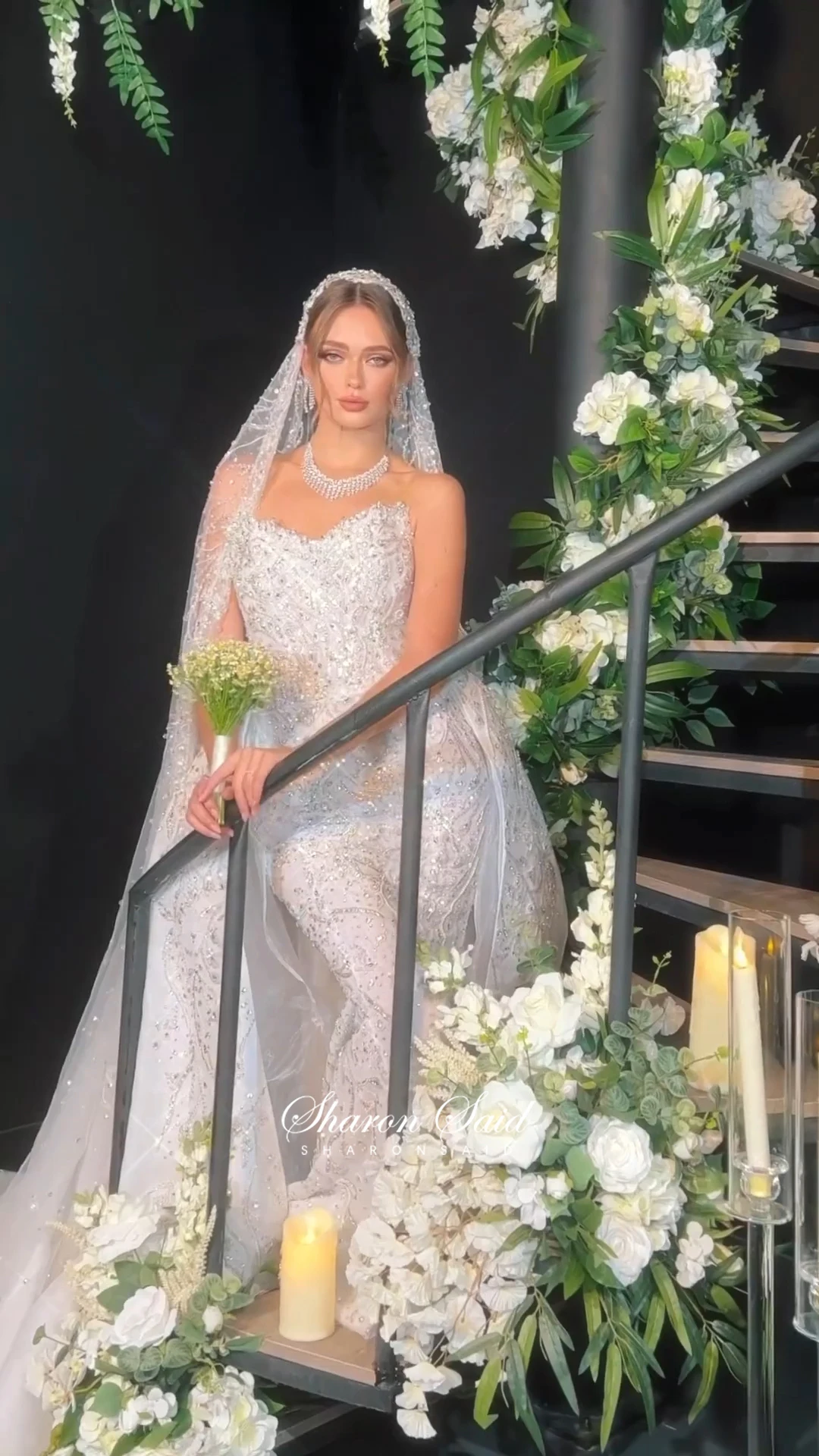 

Sharon Said 2025 Luxury Dubai Beaded Mermaid Tulle Wedding Dress With Overskirt Saudi Arabia Women Bride Gowns SW011 Customized