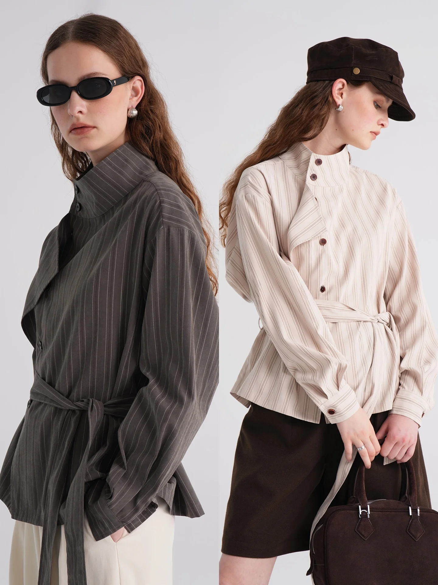 

Haze Vintage ort Waist-Cinching Stand Collar Briti Sle Striped Women's Jaet Coat Autumn 2025 Commute Long Sve Regu...