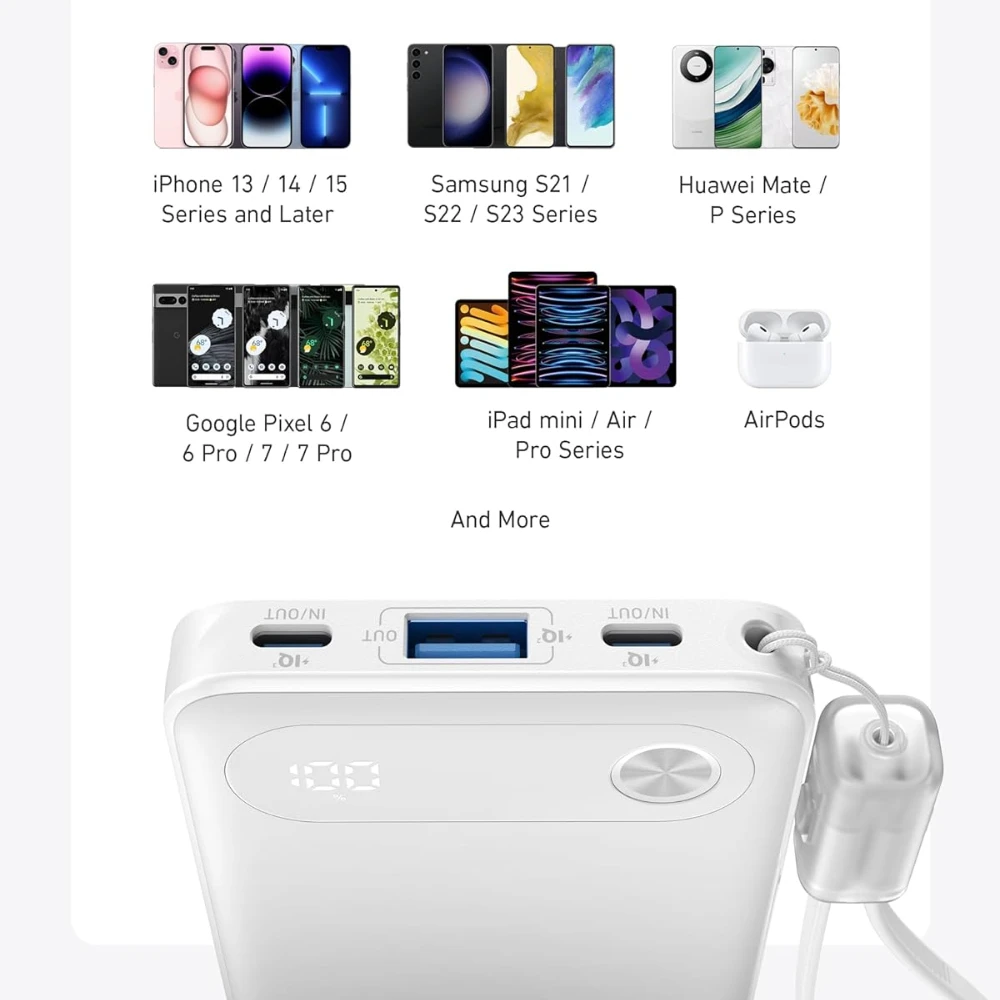 With Built-in USB-C Cable and Lanyard 22.5W Max Backup Battery Pack Power Bank 10000mAh Portable