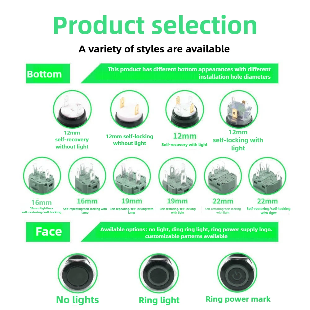 Momentary 12/16/19/22mm oxidized black metal button switch self resetting circular power button with light