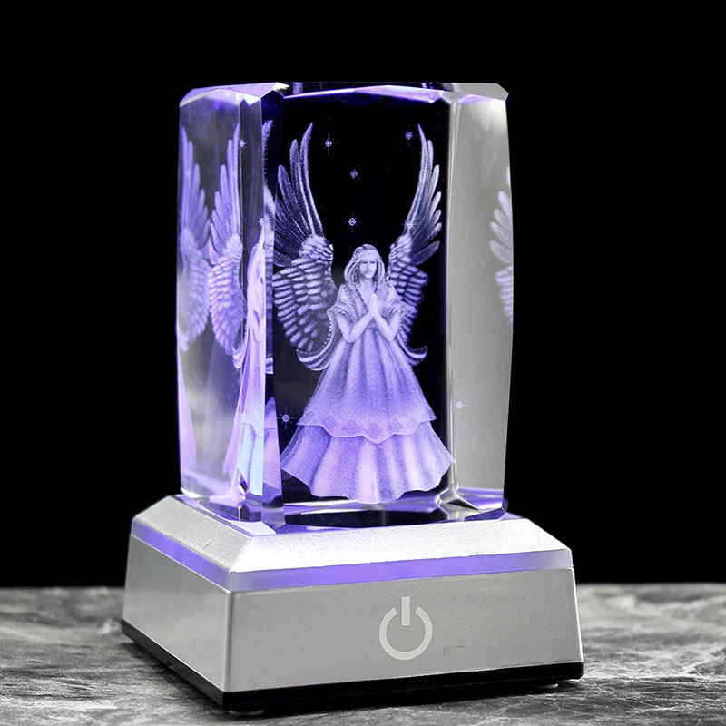 3D Guardian Angel Statue Laser Engraved Crystal Cube Figurines Baby Baptism Favors Gifts Home