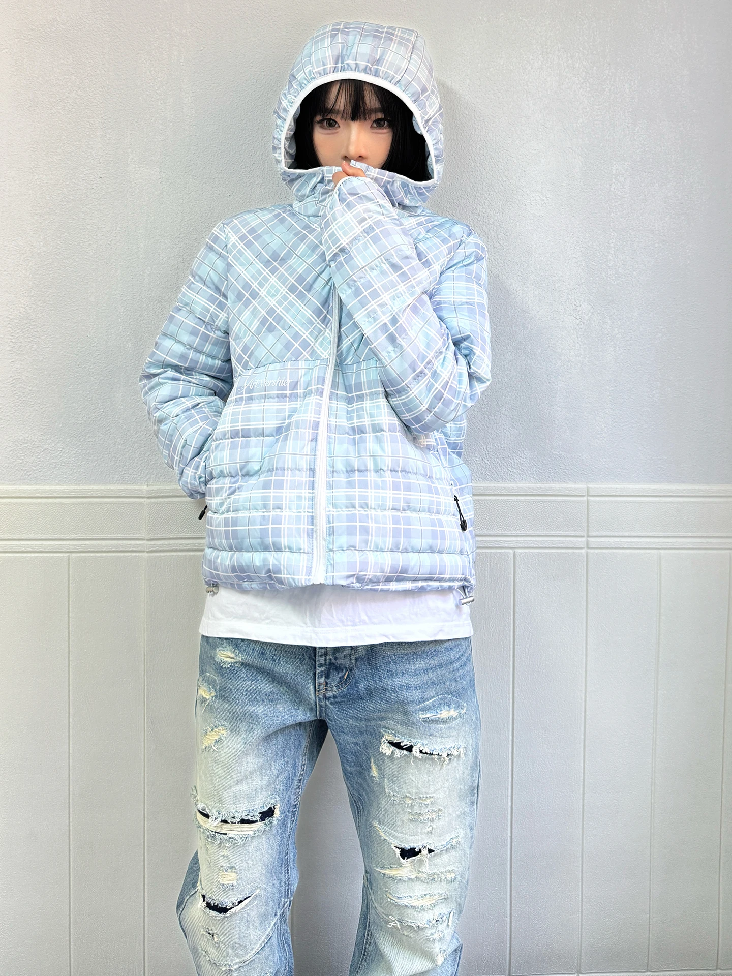 

Retro Plaid ort Hooded down Jaet Lightweight Warm Winter Anti-Cold Versatile Women's Straight Cut Rubber Strap Windproof