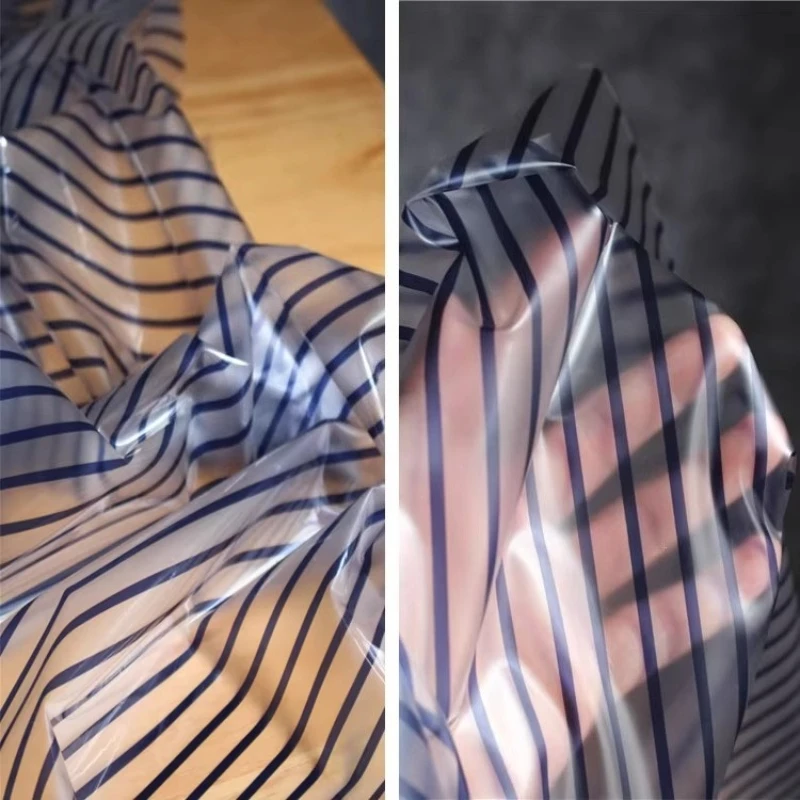 

Blue Stripe Waterproof Film Transparent Tpu Fabric for Windproof DIY Raincoat Casual Wear Clothing Fashion Wholesale Cloth