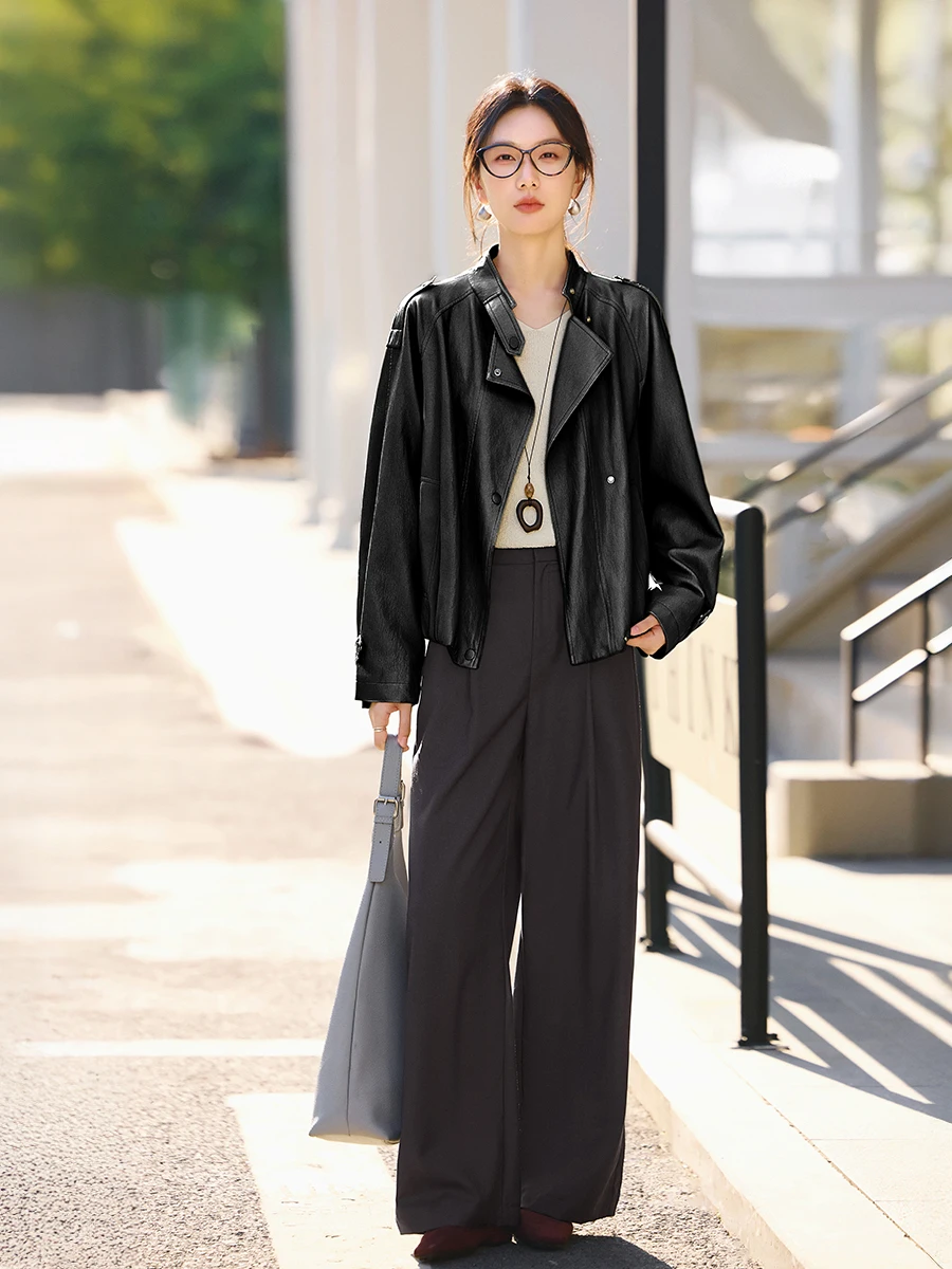 XWI 아메리칸 레트로 PU 가죽 재킷 여성용 짧은 단색 스탠드 칼라 소형 봄 패션 여성 코트