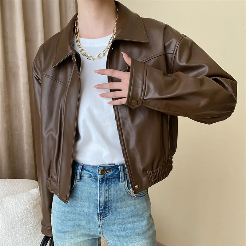 2023 High Quality Leather Jacket Women Short Coat Autumn Winter Streetwear Black Brown Outerwear Female Casual Top Loose PU Coat