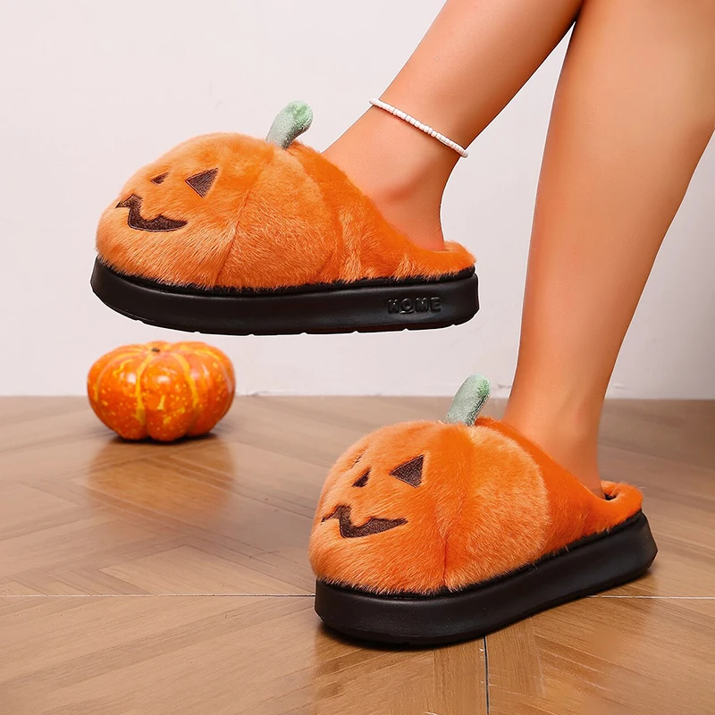 Halloween 3D Pumpkin Plush Slippers Women Fluffy House Slides Unisex Winter Platform Shoes Girls Non-Slip Indoor Holiday Party view 5