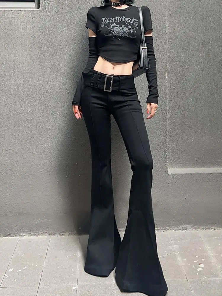 

Women Gothic Black Low Rise Vintage Flare Jeans with Belt 2025 Autumn Slim Skinny Denim Pants Streetwear Punk Goth Trousers