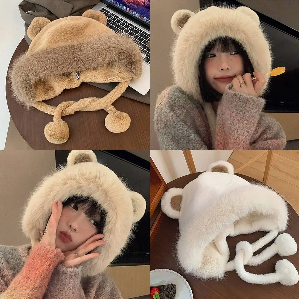 Bear Ear Ear Pullover Cap Imitation Rabbit Fur Thickened Ski Scarf Caps Warm Scarf Ear Protection Scarf All-in-one Hat Winter