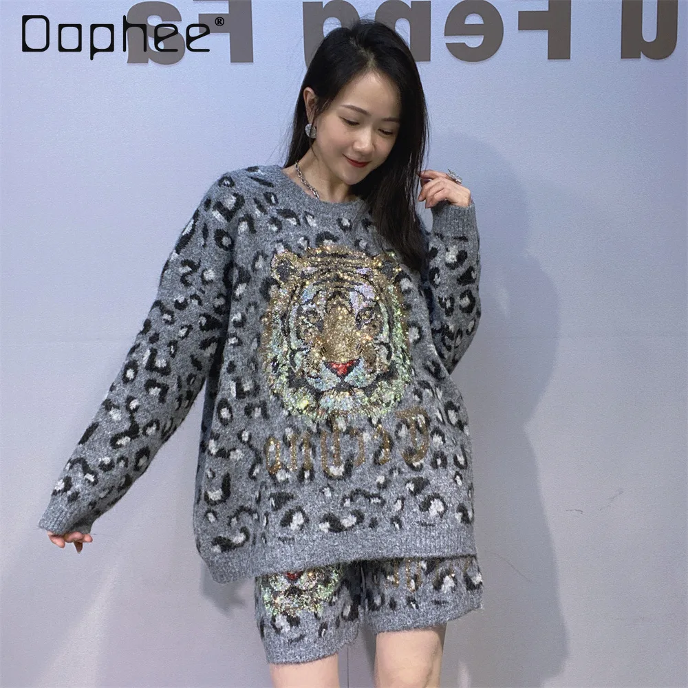 

Tiger Head Long Sleeve Sweater Shorts Set Autumn Winter Round Neck Knitted Leopard Loose Sweater + Shorts Two-Piece Set Women