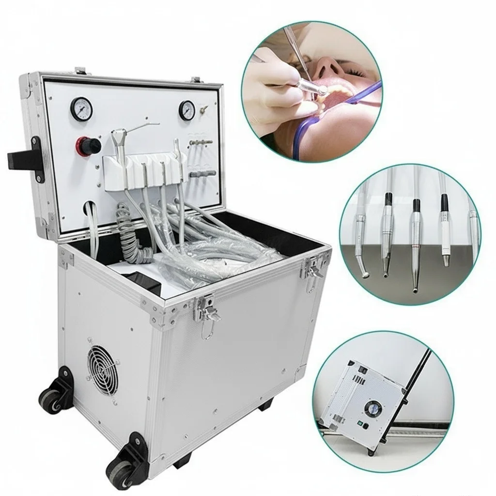 وحدة توربينات الأسنان المحمولة مع ضاغط الهواء - مجموعة تلميع طب الأسنان لمستحضرات التجميل للقشرة وتبييض الأسنان