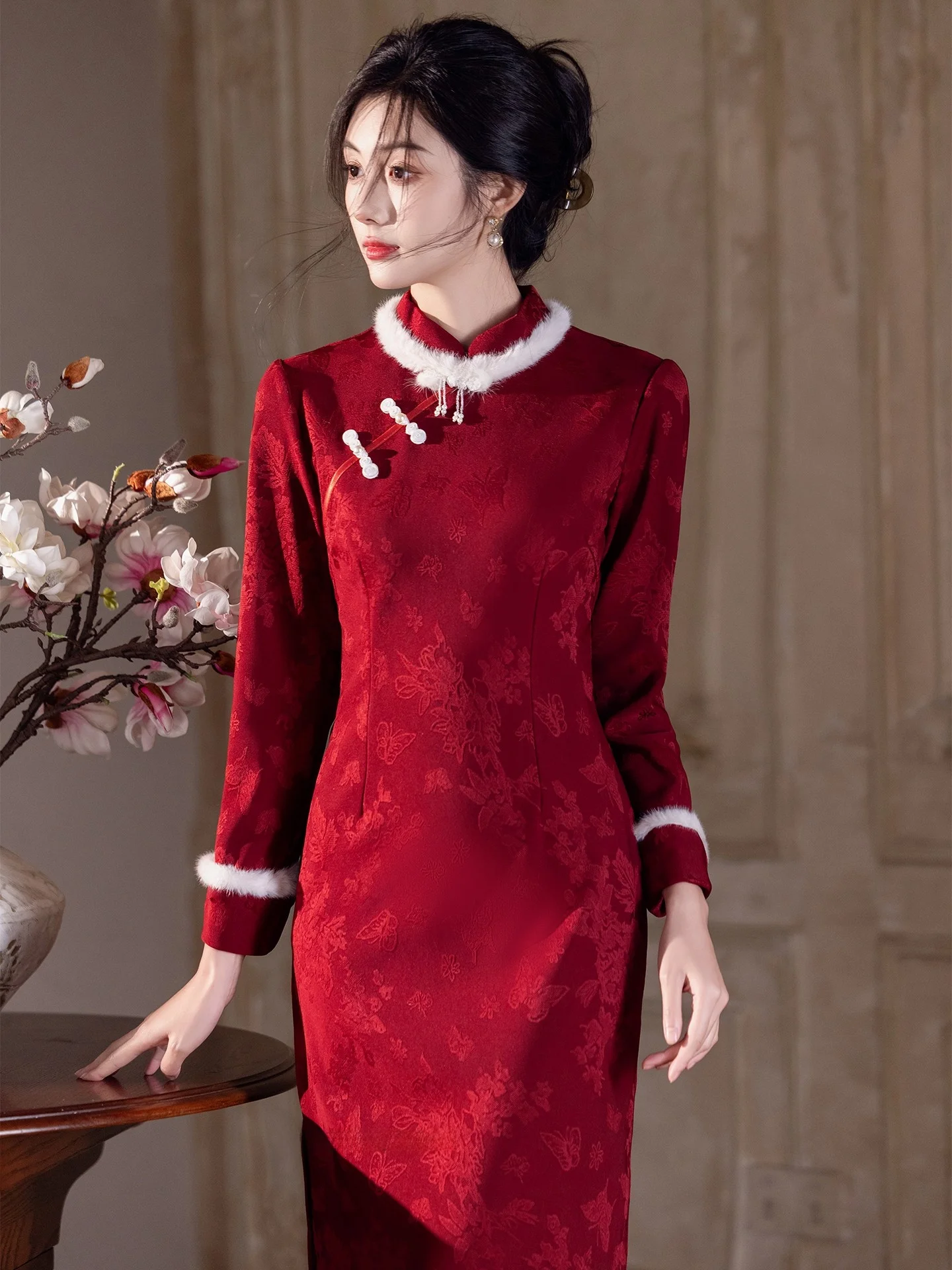 New Chinese Sle Long  Fro Coat Wine Red Winter Wedding Engagement Ceremony High Warmth Fce Lined Girls
