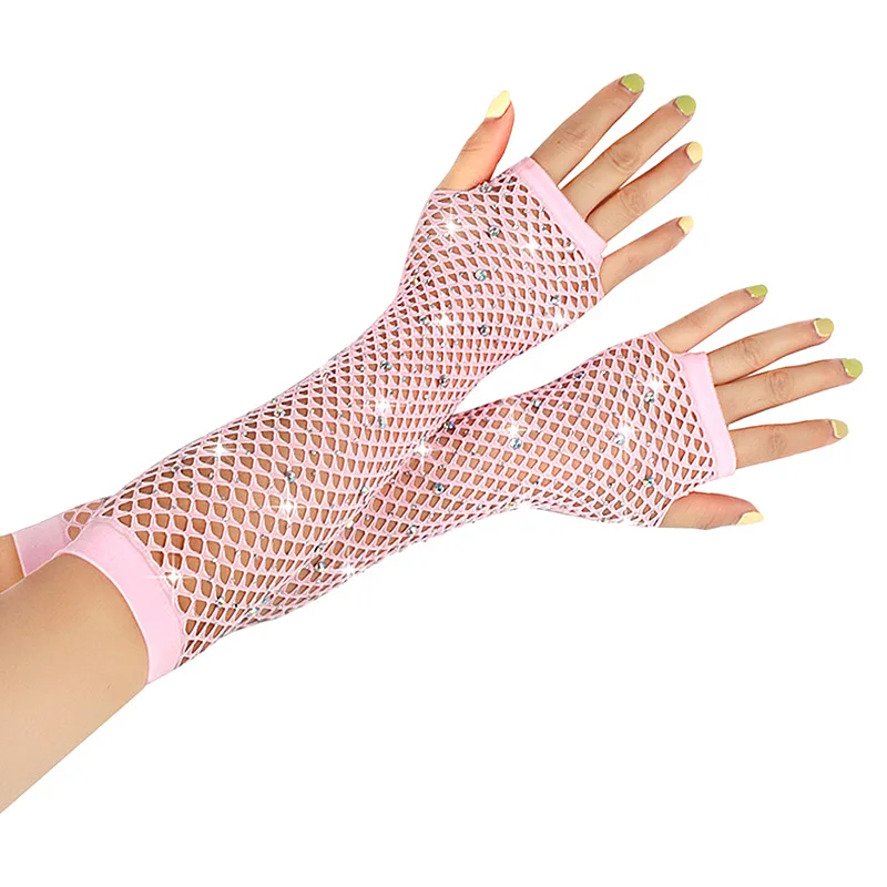 Women Flash Mesh Rhinestone Long Gloves Arm Sleeves Fishnet Fingerless Elastic Hollow Out Stage Performance Mittens