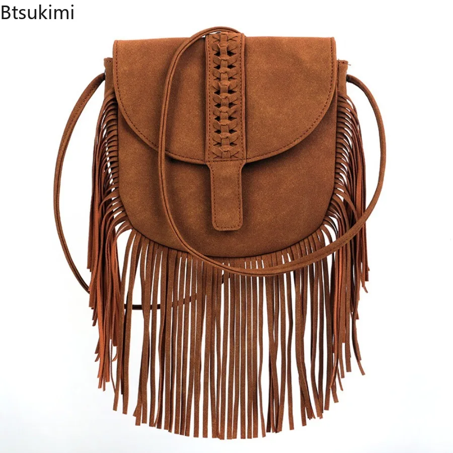 New Women's Long Fringed Saddle Bags Suede Clutch PU Leather Tassel Crossbody Bag Luxury Shoulder Bags Ladies Vintage Casual Bag