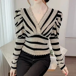 Spring Autumn New Fashion V-neck Puff Sleeve Women's Clothing Vintage Bottoming Shirt Striped Hollow Out Lace French Style Tops