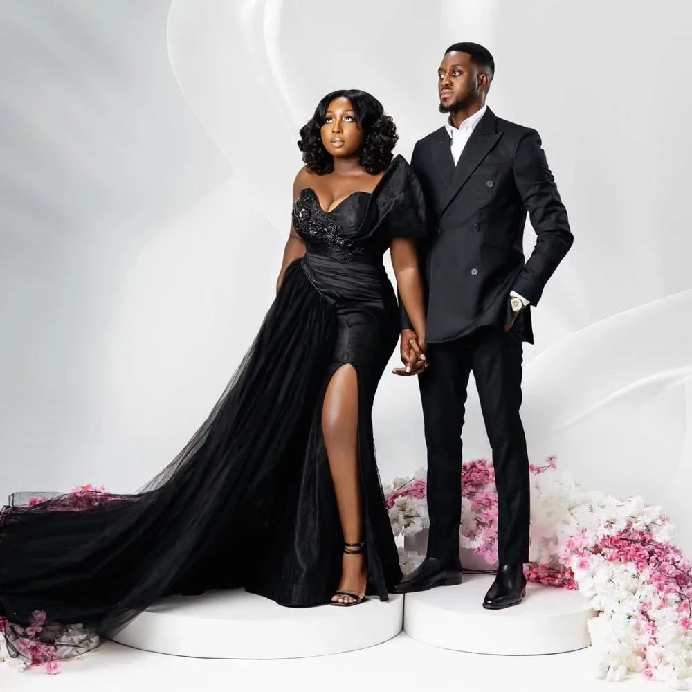 

Elegant Black Lace Mermaid Evening Dresses African Women Beaded One Shoulder Prom Dress Aso Ebi Formal Party Dresses Customized