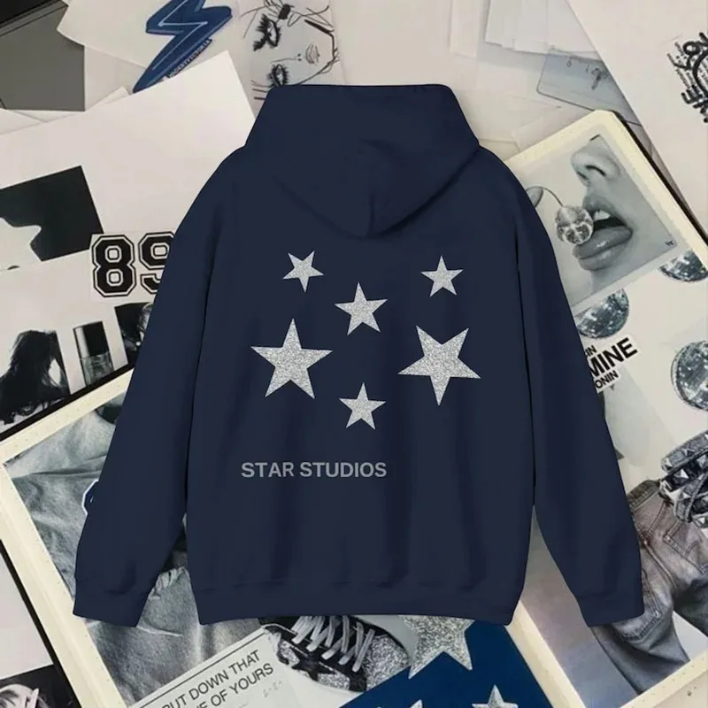 Y2K Hoodies Women Harajuku Hip Hop Letter Star Graphic Printed Loose Sweatshirt Punk Rock Gothic Clothes Top Streetwear EMO Girl