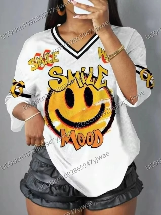 Summer NO.66 Casual Smiling Face Letter & Numeral Print Short Sleeve Sports T-Shirt For Women Summer Mesh T-shirt Tops