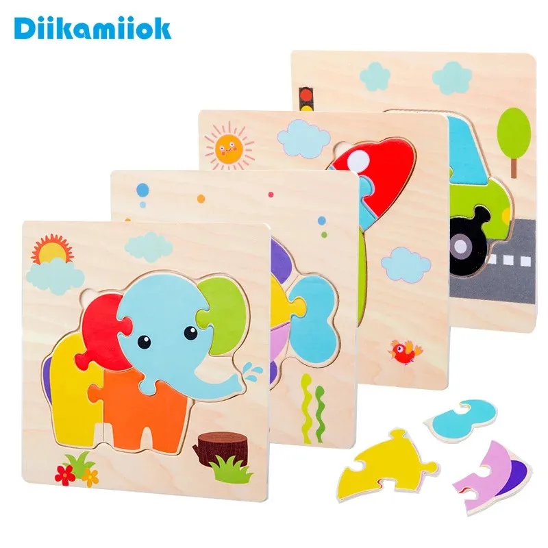 1pc Wooden Jigsaw Puzzle Children Montessori Games Cartoon Animal Vehicle Puzzles for Kids Learning Educational Toys